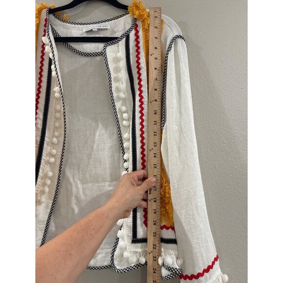 English factory Bohemian festival Tassel Pom Pom Trim Open Front Jacket sz Large - Picture 7 of 8